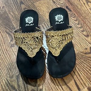 Yellow box wedge flip-flops